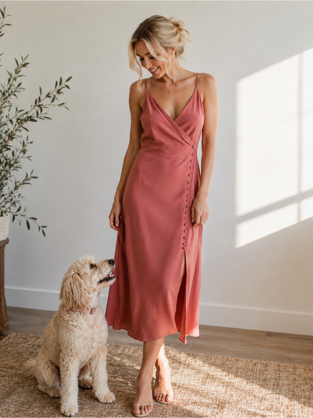 Zara NWT Dusty Rose Satin Wrap Midi Dress Side Button Size Small